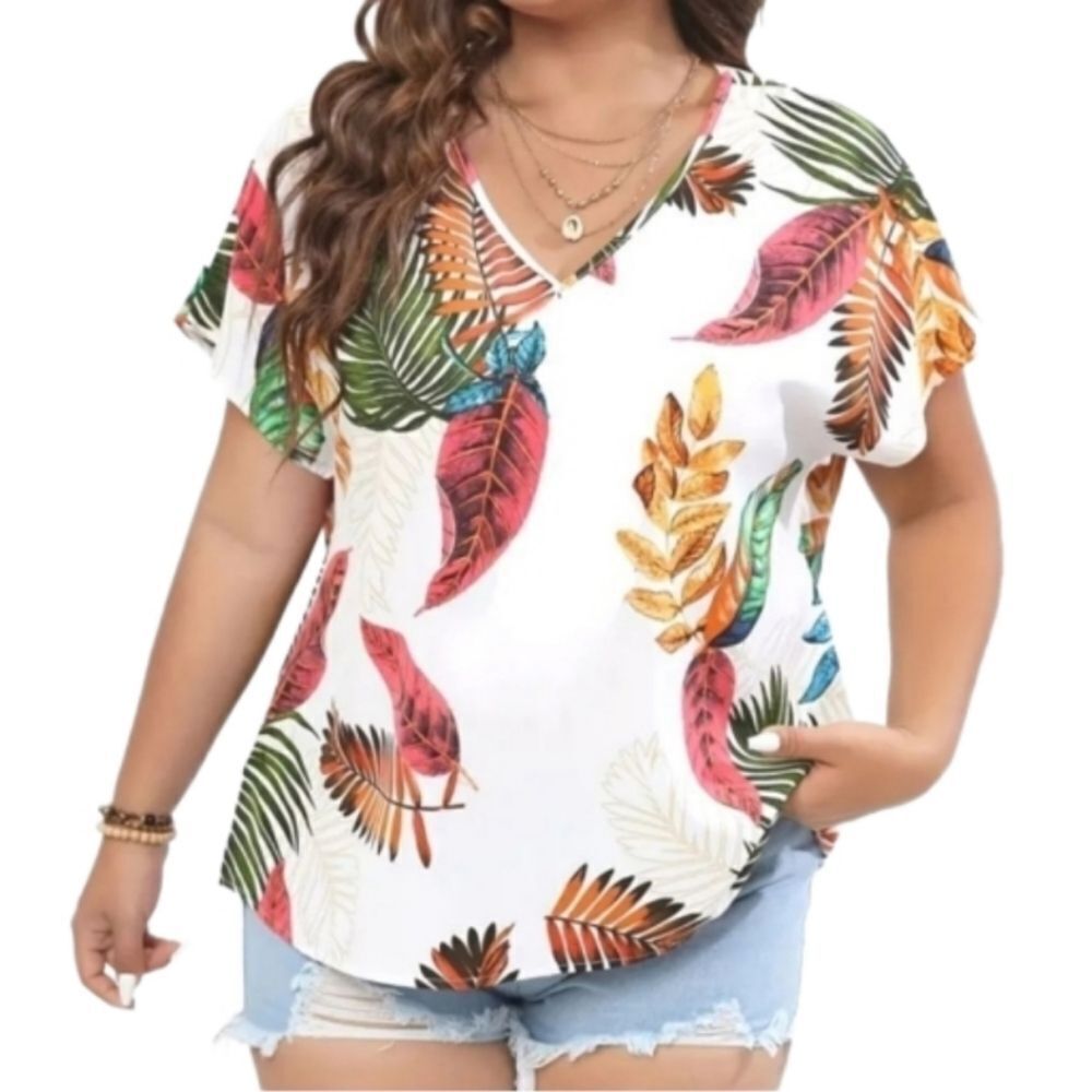 Women's Plus Leaf Print Short Sleeve V Neck Sz 4X